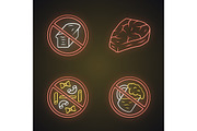 No gluten diet neon light icons set