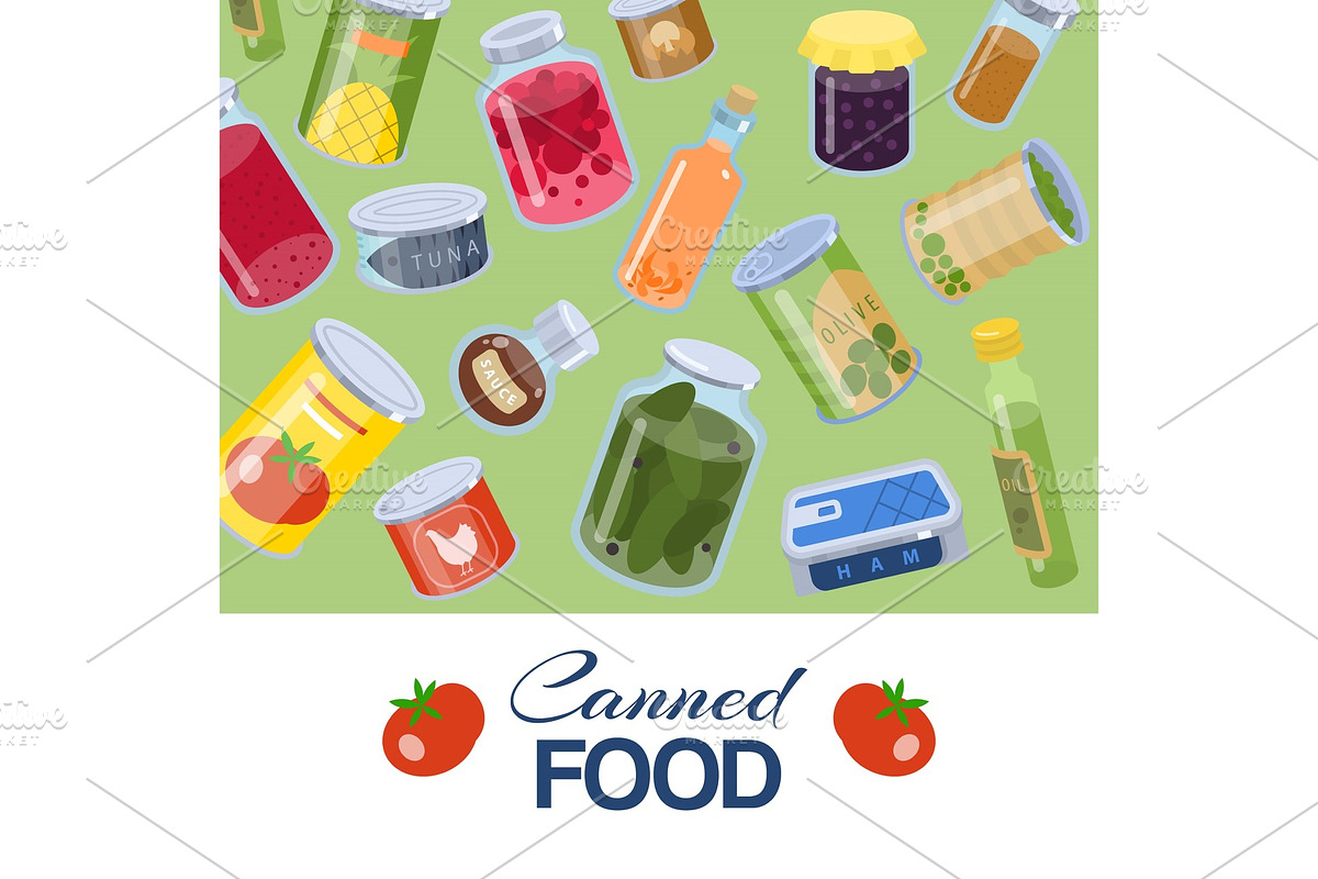 Canned food goods pattern on green in Illustrations - product preview 8