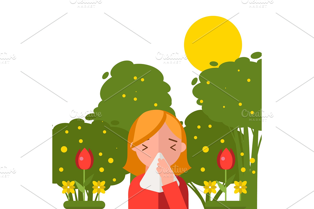 Pollen allergy, sneezing girl in in Illustrations - product preview 8