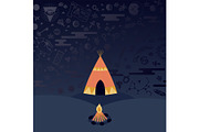 Teepee tent and campfire at night