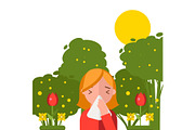 Pollen allergy, sneezing girl in