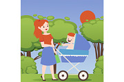 Mother in park with baby stroller