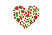 Raspberries berries and leaves heart