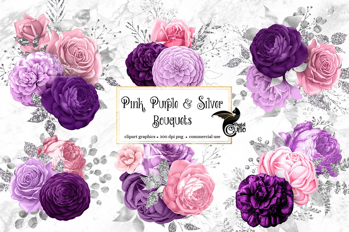 Pink Purple and Silver Bouquets in Illustrations - product preview 8