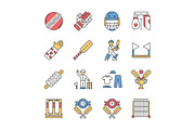 Cricket championship color icons set
