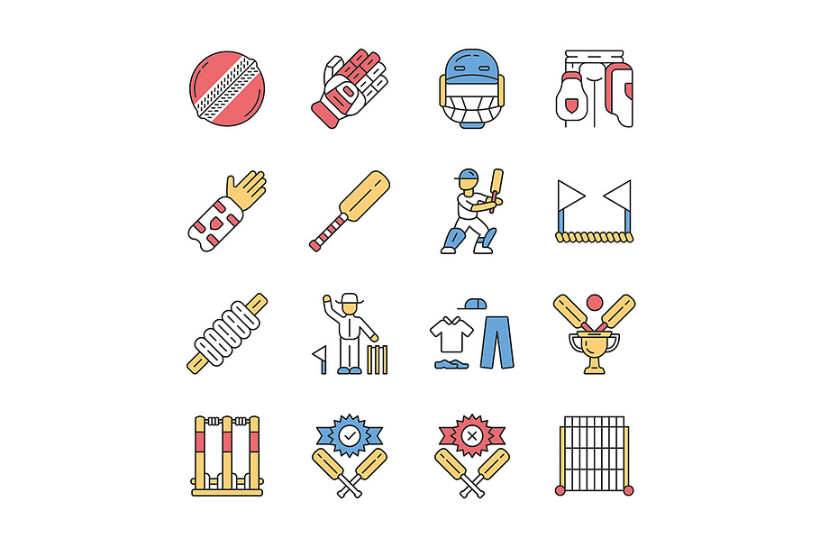 Cricket championship color icons set