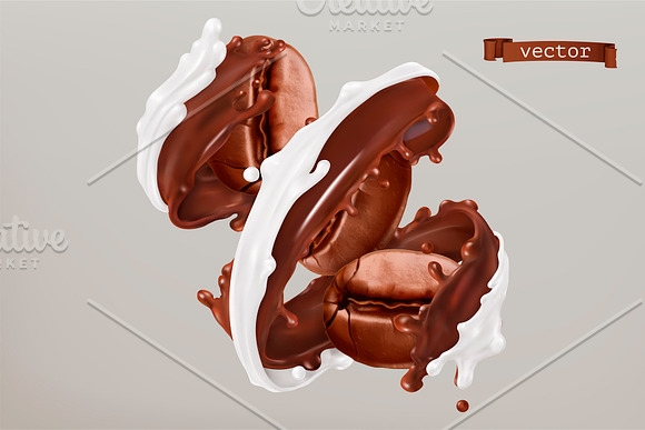 Coffee beans, chocolate, milk splash in Illustrations - product preview 1