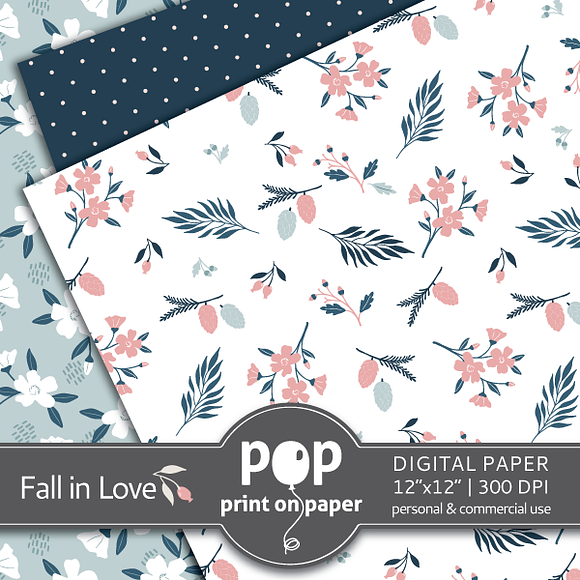 Fall in Love Floral Digital Paper in Patterns - product preview 3