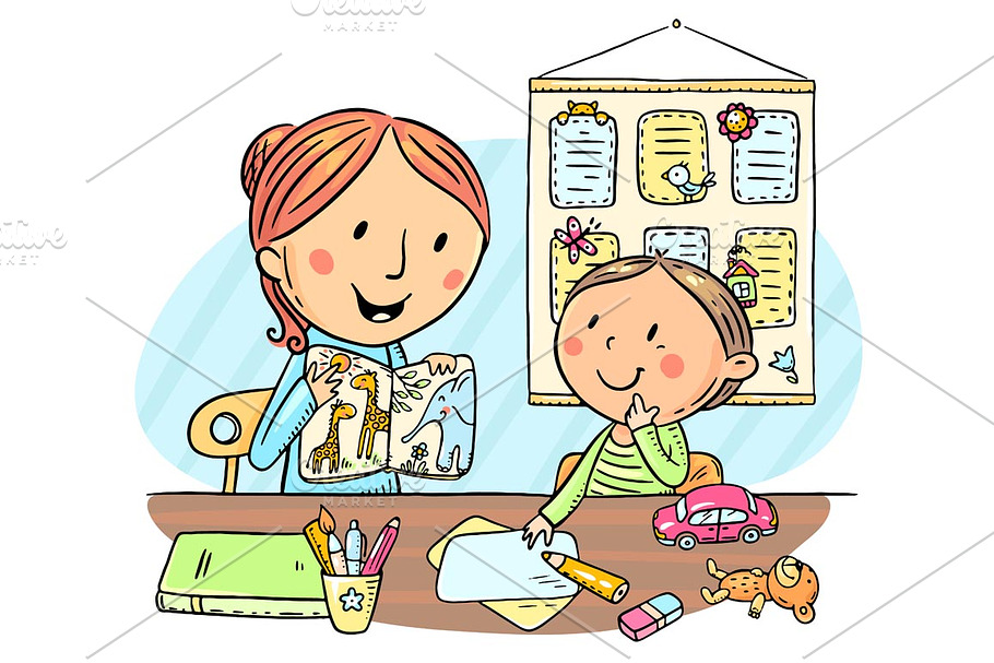 Child and teacher reading a book in Illustrations - product preview 8