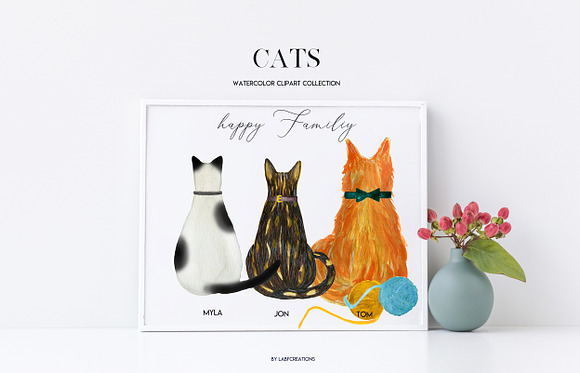 Cats Watercolor clipart. Back of cat in Illustrations - product preview 2