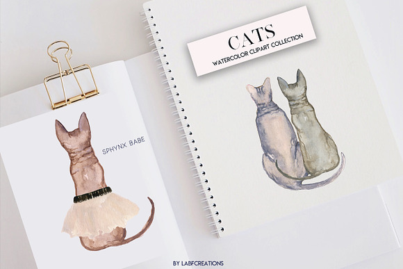 Cats Watercolor clipart. Back of cat in Illustrations - product preview 3