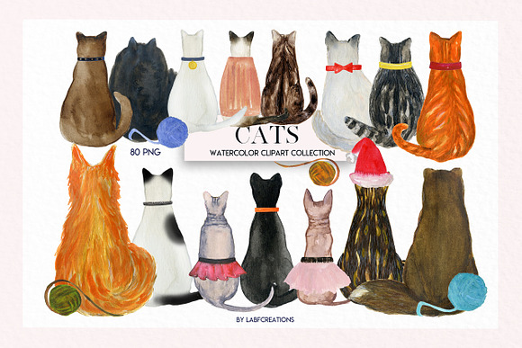Cats Watercolor clipart. Back of cat in Illustrations - product preview 5