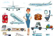 Airport flight attributes icons set