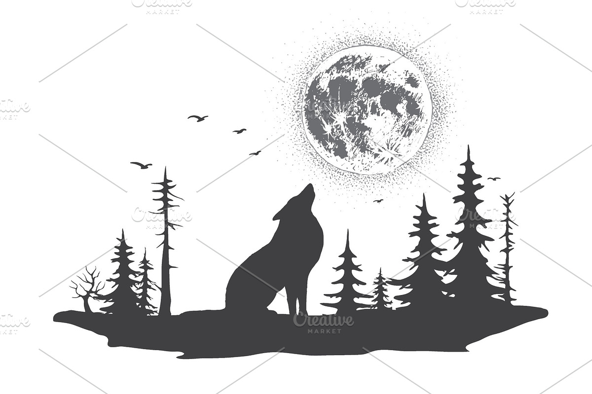 lonely wolf howling at the moon in Illustrations - product preview 8