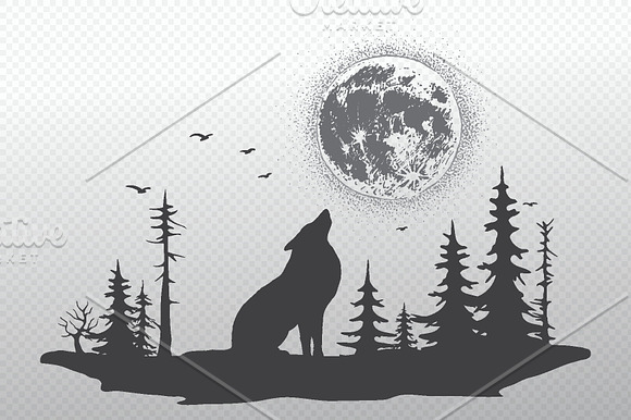 lonely wolf howling at the moon in Illustrations - product preview 1