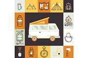 Camping van and isolated icons in