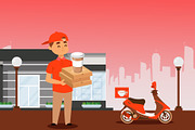 Food delivery courier with pizza box