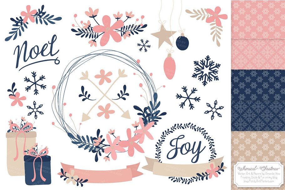 Navy & Pink Floral Christmas Wreath