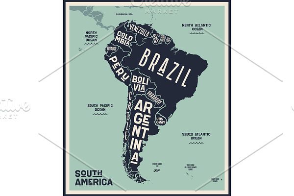 Map South America. Poster map of