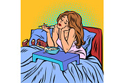 woman eating porridge. Breakfast in