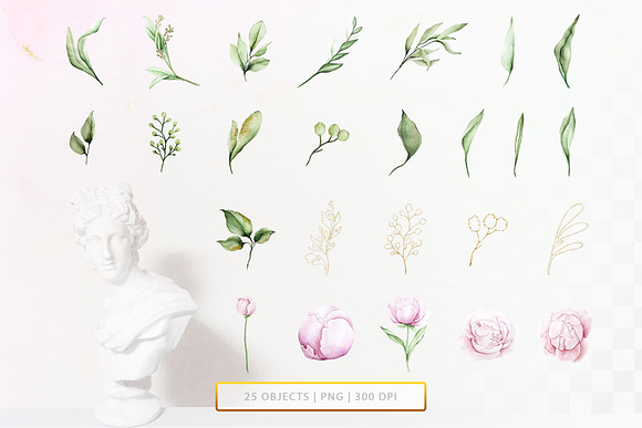 Peonies & Gold light watercolor set in Objects - product preview 6