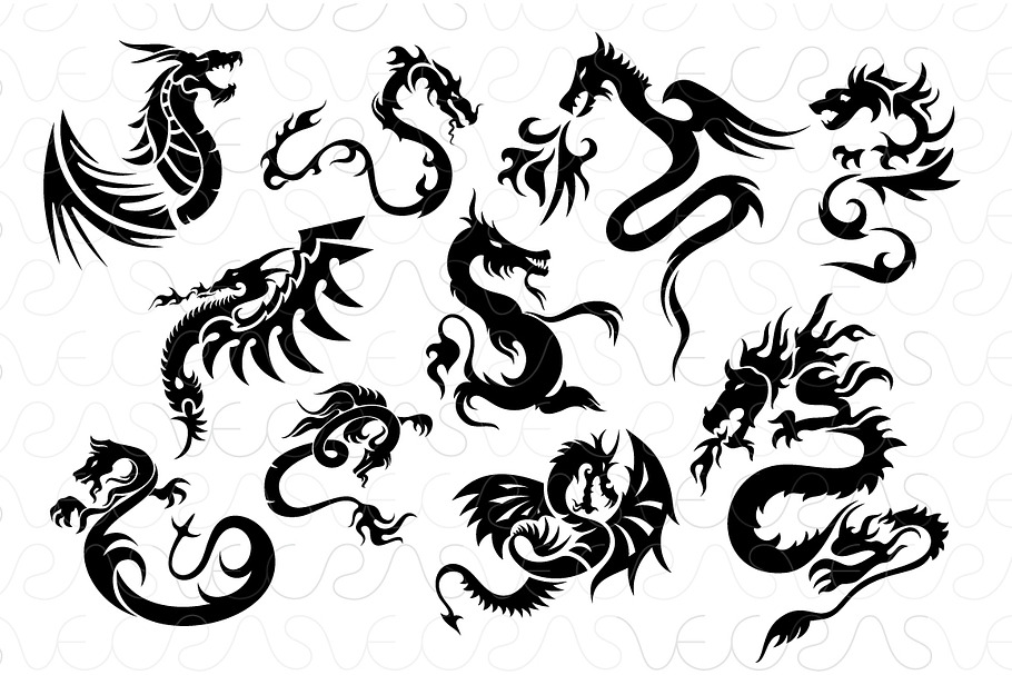 Fire Serpent Dragons Black Vector in Illustrations - product preview 8
