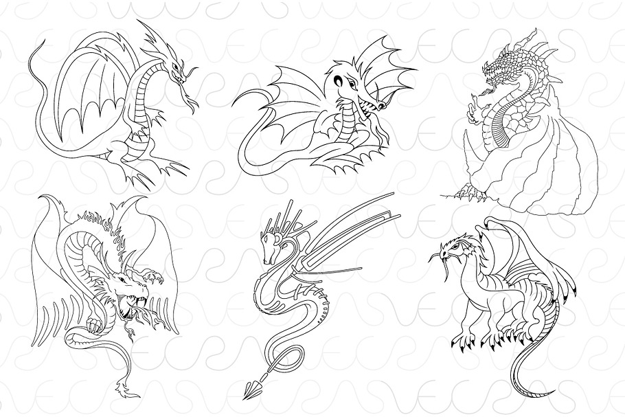Fictional Dragons Linear Vector Set