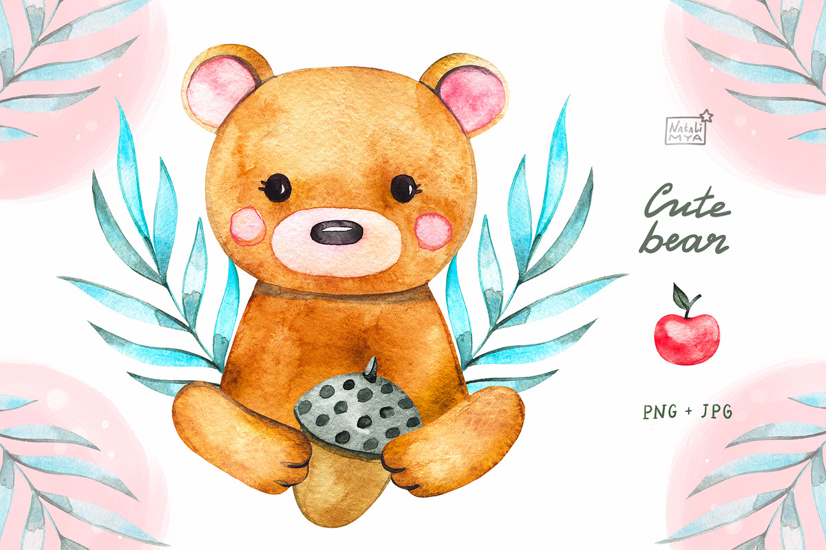 Watercolor cute bear cliparts in Illustrations - product preview 8