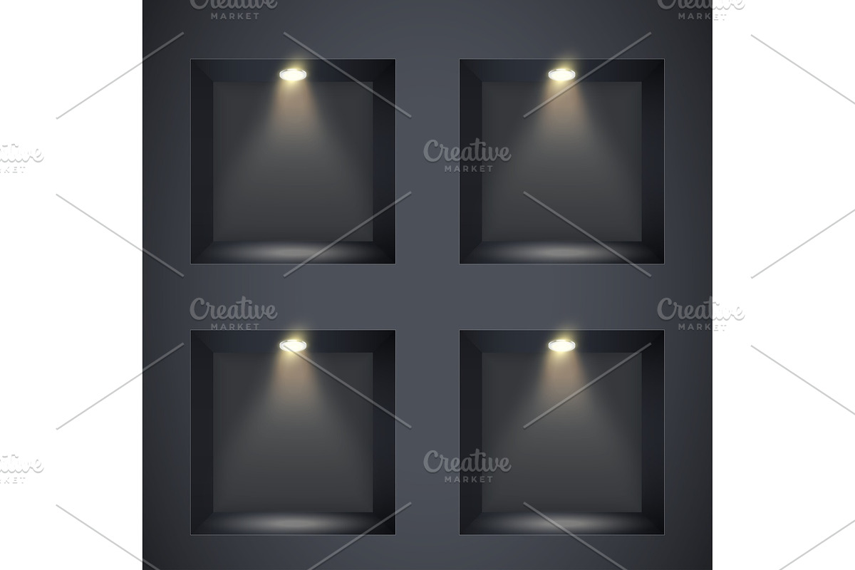 Black wall niches with spotlight in Illustrations - product preview 8