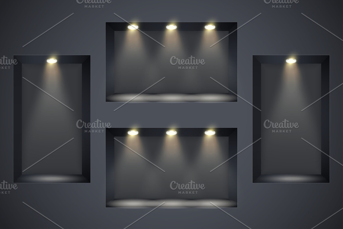 Black wall niches with spotlight in Illustrations - product preview 8