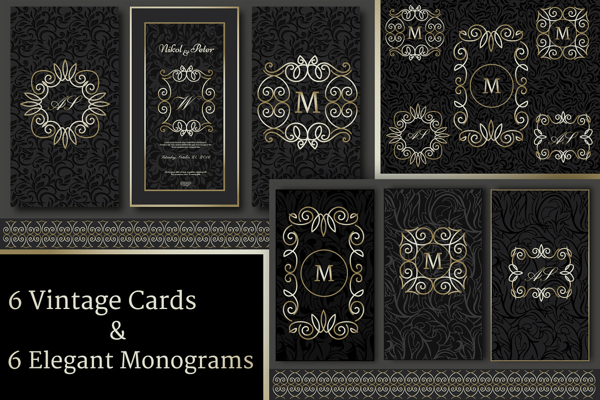 Set of 6 Vintage Cards & 6 Monograms in Wedding Templates - product preview 8