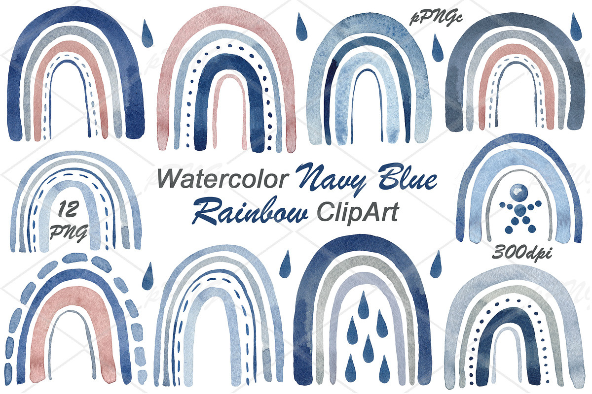 Watercolor Navy Blue Rainbows in Illustrations - product preview 8