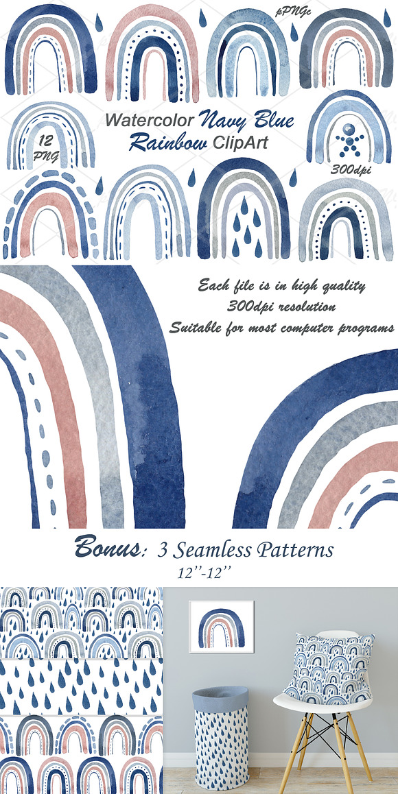 Watercolor Navy Blue Rainbows in Illustrations - product preview 3