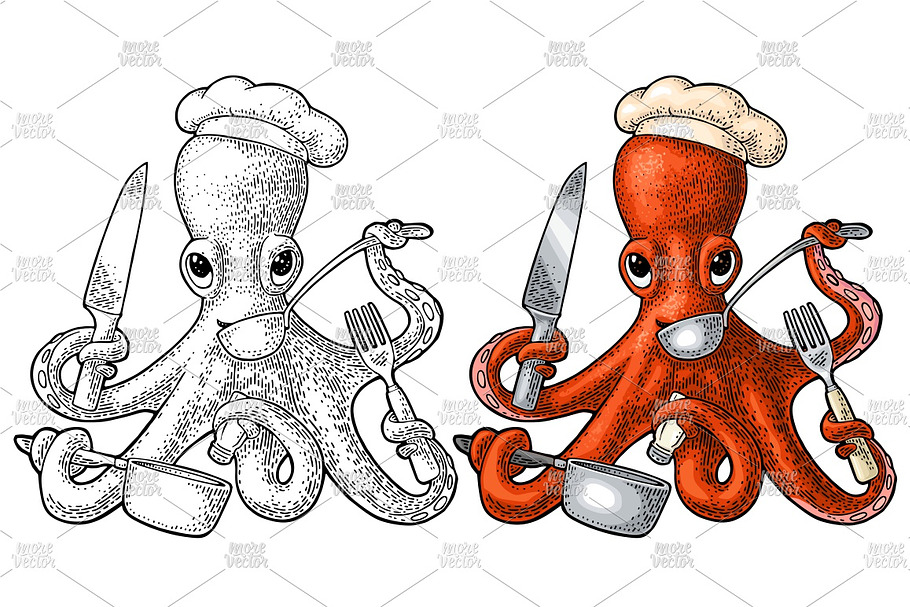 Chef octopus in cook hat in Illustrations - product preview 8