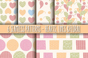 6 Seamless Patterns, Hearts & Lines