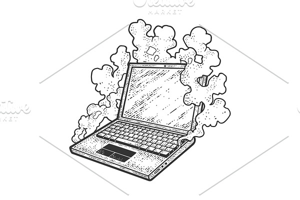 smoking broken laptop sketch vector