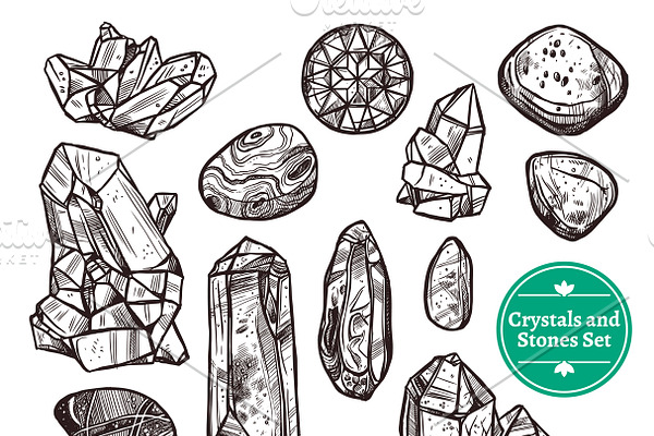 Crystal stones hand drawn icons set