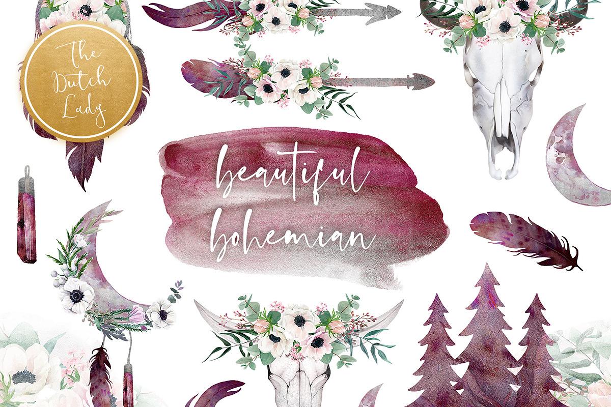 Beautiful Bohemian Clipart Set in Illustrations - product preview 8