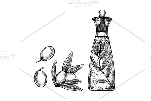 Bottle with olives and olive oil