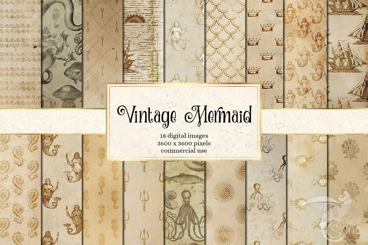 Vintage Mermaid Digital Paper in Textures - product preview 8
