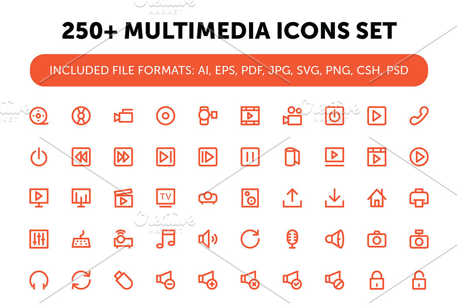 250+ Multimedia Icons Set in Graphics - product preview 8
