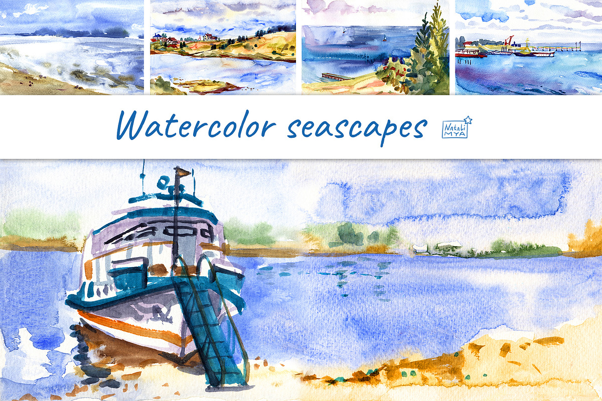5 watercolor digital seascapes in Illustrations - product preview 8