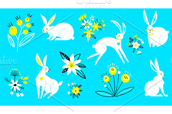 Set of hares in a flat style. White