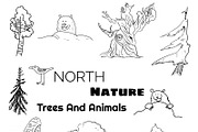 North doodle animals and trees set