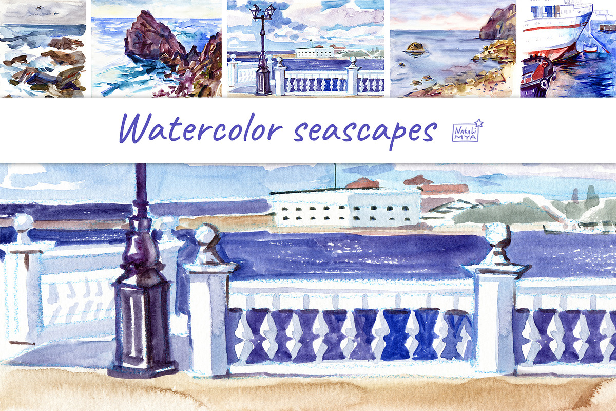Watercolor marine landscapes in Illustrations - product preview 8