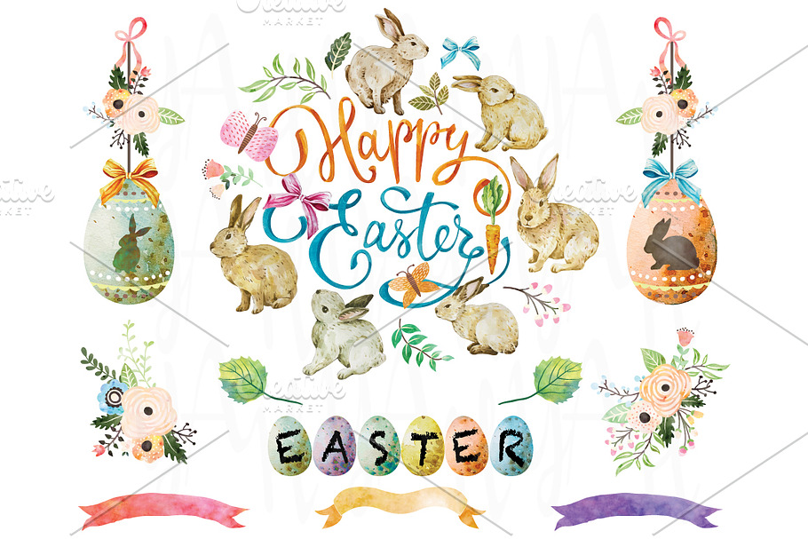 Happy Easter Watercolor Elements