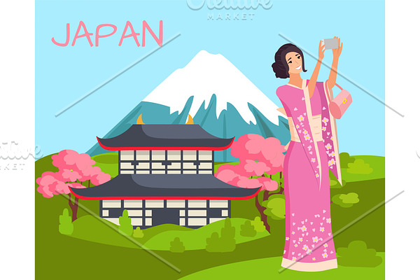 Japan Landscape Woman in Pink Kimono