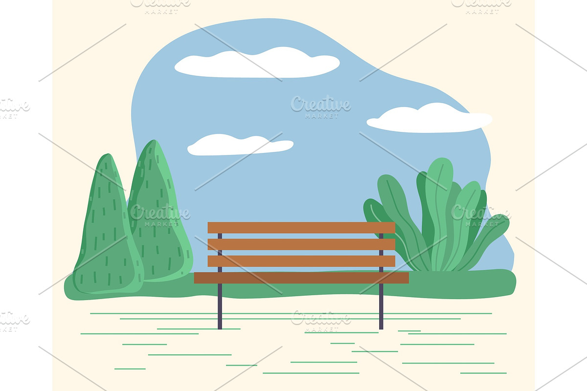 Park with Wooden Bench in Summer or in Illustrations - product preview 8