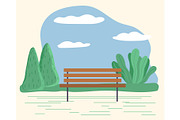 Park with Wooden Bench in Summer or