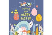 Cute cartoon bunny with Easter eggs